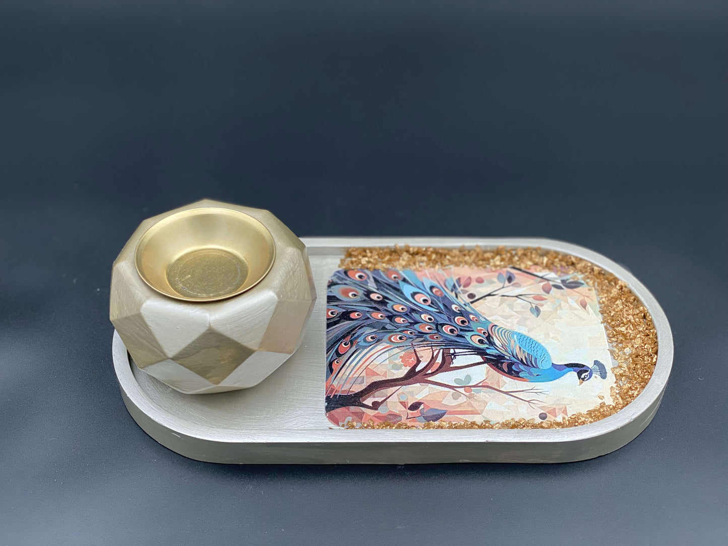 Golden Majesty Peacock Handmade Concrete Home Decor Incense Burner Set