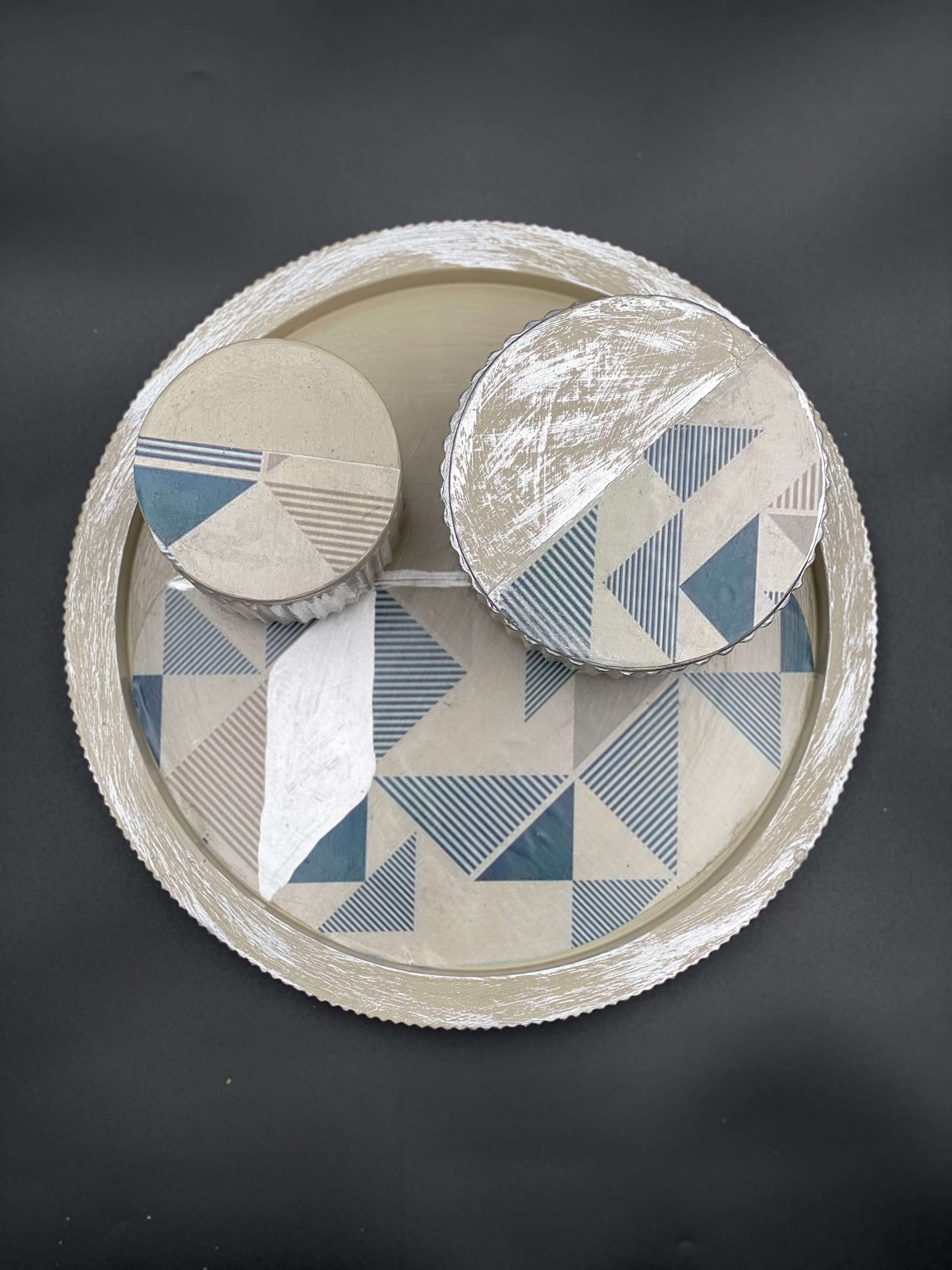 Modern Geometric Concrete Storage Set Beige & Blue Organizer with Patterned Tray