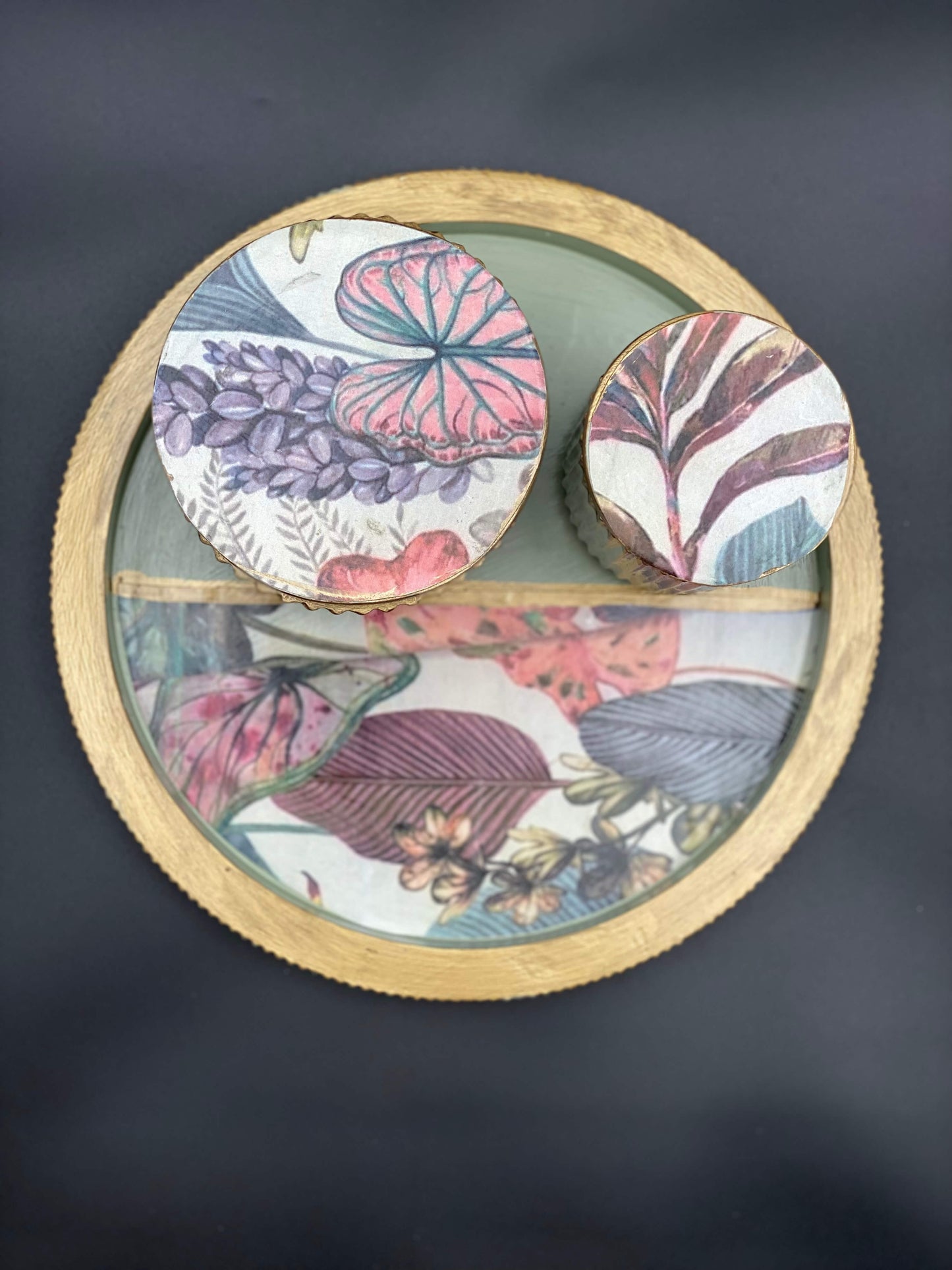 Tropical Bloom Concrete Storage Set with Floral Art Inlay – Decorative Organizer Tray