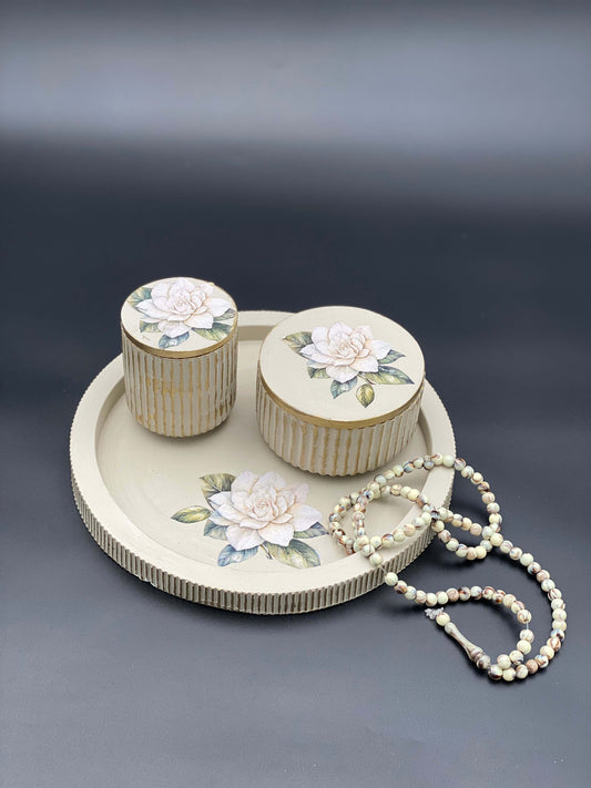 Vintage Floral Concrete Vanity Set with Hand-Painted Rose Motif