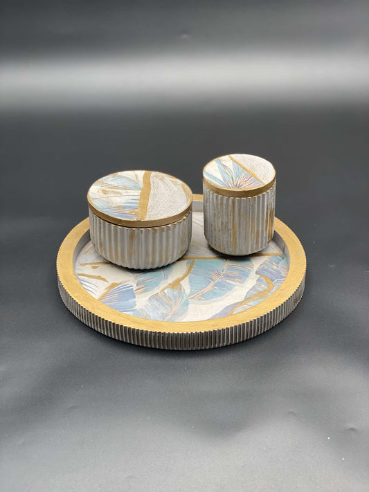 Elegant Concrete Storage Set with Decorative Tray – Feather Leaf Design