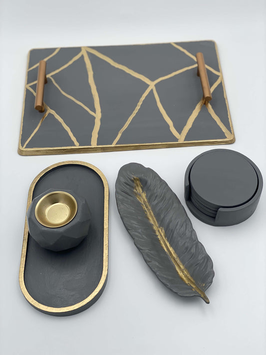 Luxury Handmade Concrete Decor Set – Charcoal & Gold Elegance