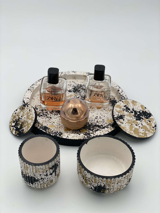 Modern Art-Inspired Concrete Vanity Set – Black, White & Gold Splatter Design