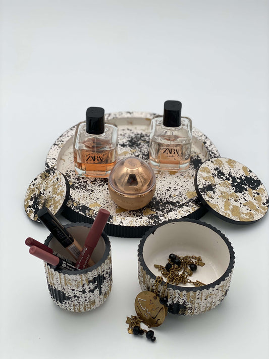 Modern Art-Inspired Concrete Vanity Set – Black, White & Gold Splatter Design