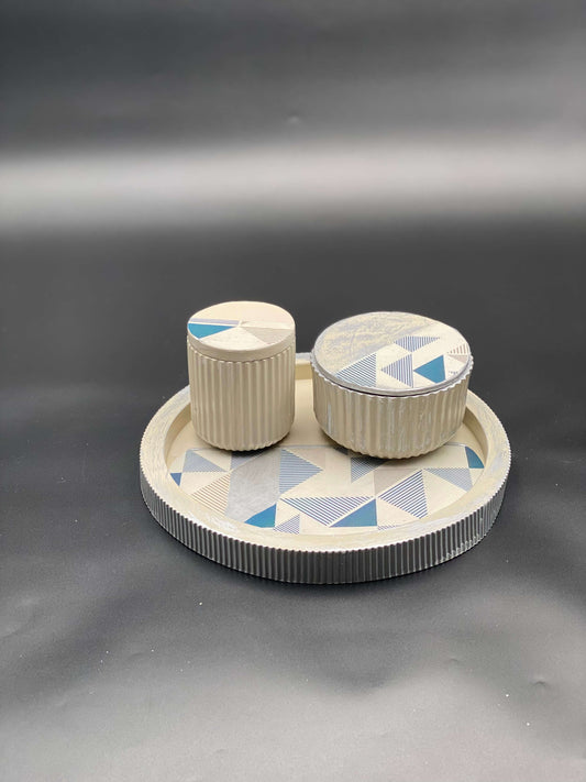 Modern Geometric Concrete Storage Set Beige & Blue Organizer with Patterned Tray
