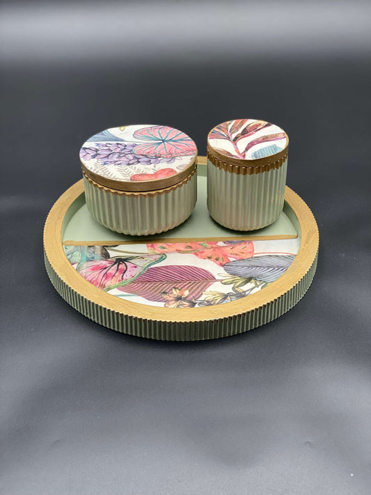 Tropical Bloom Concrete Storage Set with Floral Art Inlay – Decorative Organizer Tray